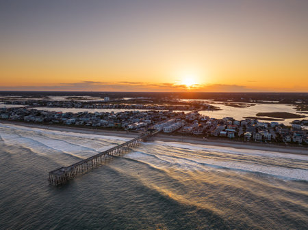 Wrightsville Beach, North Carolina over the coast at sunset.の写真素材