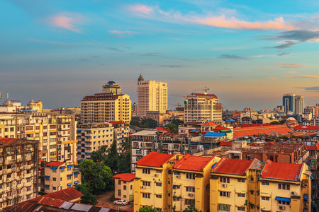 Yangon, Myanmar downtown skyline at dusk.の写真素材