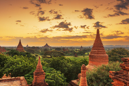 Bagan, Myanmar temples in the Archaeological Zone at dusk.の写真素材