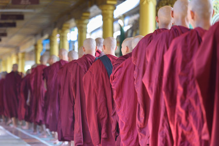 BAGO, MYANMAR - OCTOBER 19, 2015: Monks line up to receive lunchtime food offerings at Kyaly Khat Wai Monastery.のeditorial素材