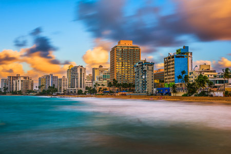 San Juan, Puerto Rico resort skyline on Condado Beach at dusk.の写真素材