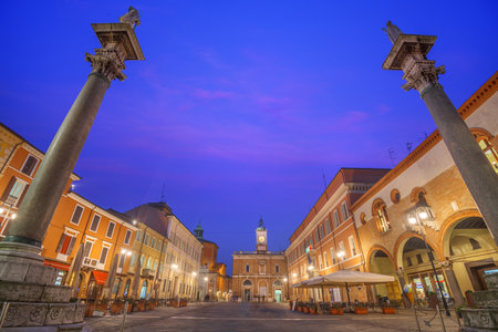 Ravenna, Italy at Piazza del Popolo with the landmark Venetian columns at twilight.の写真素材