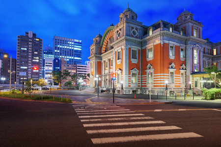 Osaka, Japan from Nakanoshima with Osaka Central Public Hall at night.の写真素材