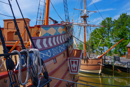 MAY 9, 2023 - JAMESTOWN, VIRGINIA, USA: The Jamestown Settlement with recreated ships form the colonial period.の写真素材