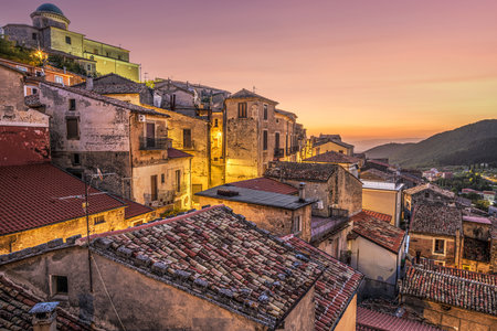 Morano Calabro, Italy at dusk.の写真素材