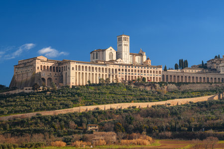 Assisi, Italy town skyline with the Basilica of Saint Francis of Assisi.の写真素材