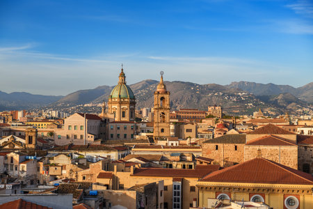 Palermo, Sicily town skyline with landmark towers in the morning.の写真素材
