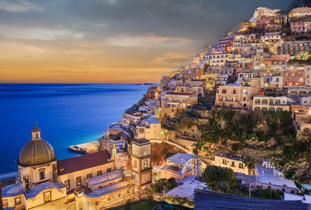 Positano, Italy along the Amalfi Coast  at dusk.の写真素材