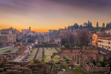 Rome, Italy at the historic Roman Forum ruins at dusk.の写真素材