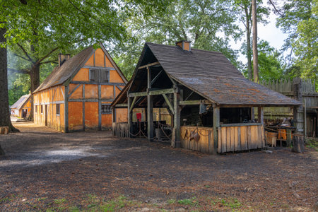 MAY 9, 2023 - JAMESTOWN, VIRGINIA, USA: The Jamestown Settlement with historic buildings.の写真素材