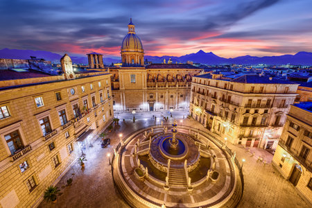 Palermo, Italy with the Praetorian Fountain at dusk.の写真素材