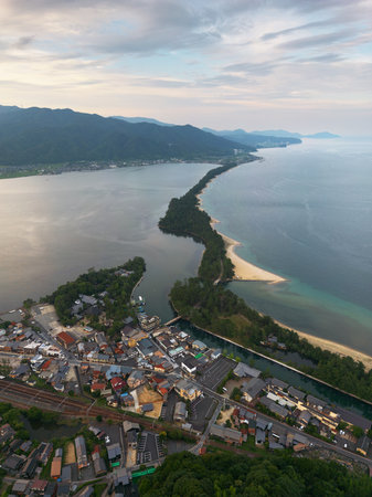 Amanohashidate, Kyoto, Japan overlooking the sandbar.の写真素材