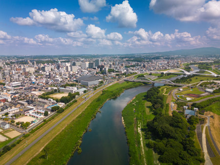 Toyotashi, Aichi, Japan cityscape on the Yahagi River.の写真素材