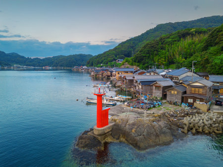 Kyoto, Japan with Funaya boathouses and the lighthouse on Ine Bay.の写真素材