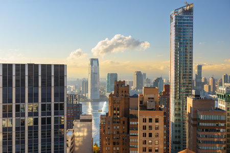 Lower Manhattan facing the Hudson River and Exchange Place, New Jersey.の写真素材