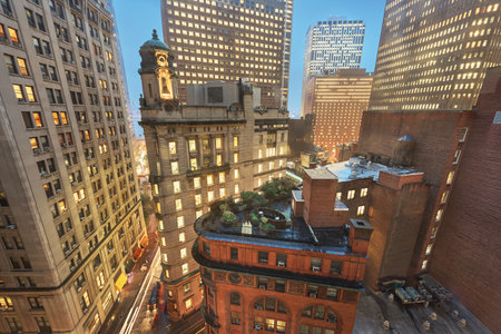 New York, New York, USA amongst the historic skyscrapers of lower Manhattan at dusk.の写真素材