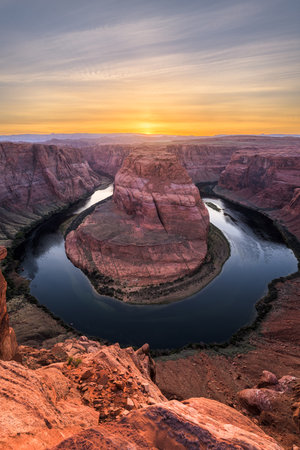 Horseshoe Bend on the Colorado River at sunset near Page, Arizona, USA.の写真素材