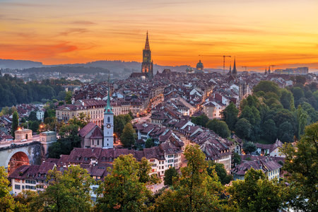 Bern, Switzerland old town skyline at dusk.の写真素材