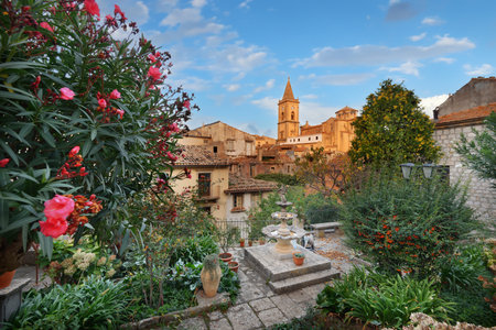 Novara di Sicilia, Sicily, Italy with Duomo di Novara di Sicilia at dawn.の写真素材