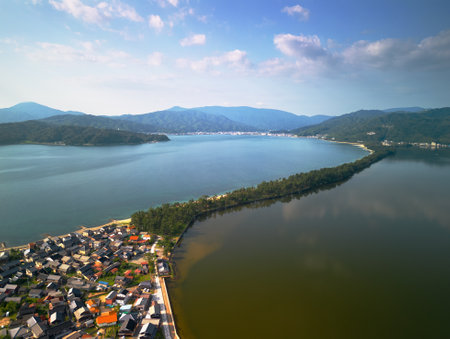 Amanohashidate, Kyoto, Japan overlooking the sandbar.の写真素材