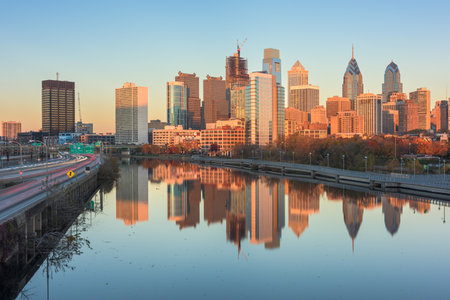 Philadelphia, Pennsylvania, USA downtown skyline at dusk on the Schuylkill River.の写真素材