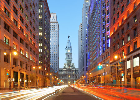 Philadelphia, Pennsylvania, USA cityscape on Broad Street with City Hall at twilight.の写真素材