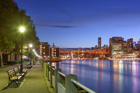 New York City, New York, USA on the East River from Roosevelt Island at night.の写真素材