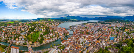 Lucern, Switzerland aerial panorama view over the Ruess River.の写真素材