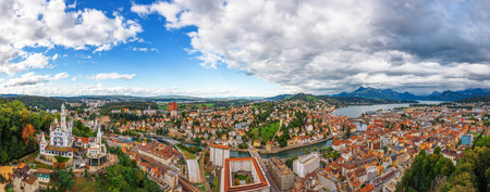 Lucern, Switzerland aerial panorama view over the Ruess River.の写真素材