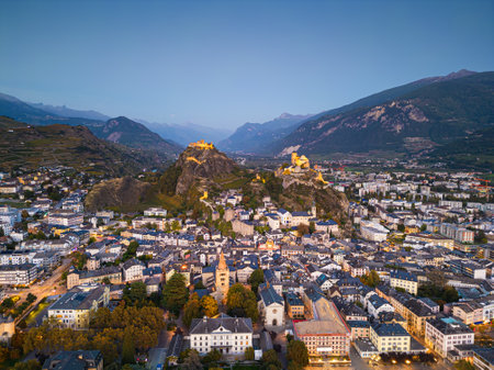 Sion, Switzerland in the Canton of Valais at blue hour.の写真素材