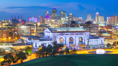 Kansas City, Missouri, USA downtown skyline with Union Station at blue hour.の写真素材