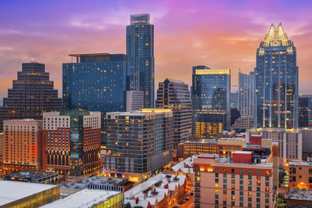Austin, Texas, USA rooftop skyline at dusk.の写真素材