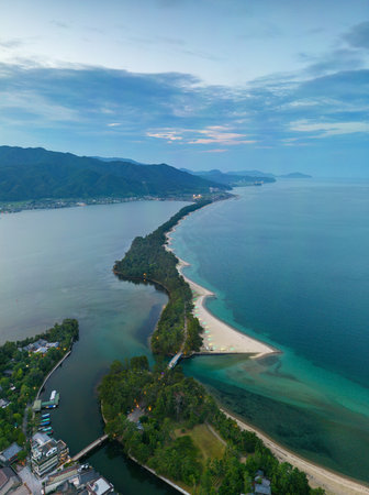 Amanohashidate, Kyoto, Japan overlooking the sandbar.の写真素材
