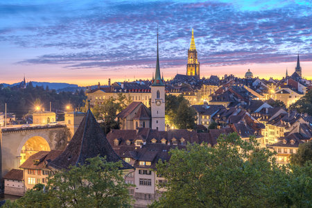 Bern, Switzerland old town skyline at dusk.の写真素材