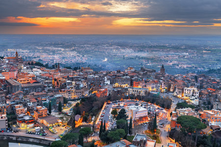 Tivoli, Italy town view from above at dusk.の写真素材