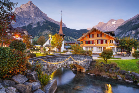 Kandersteg, Switzerland at twilight.の写真素材