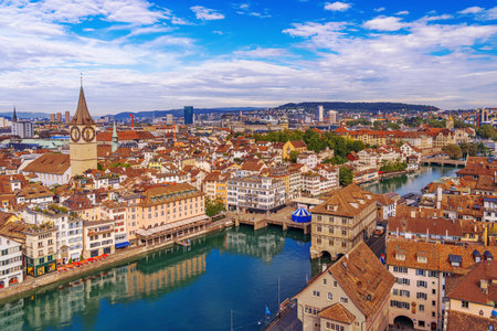 Zurich, Switzerland cityscape over the Limmat River.の写真素材