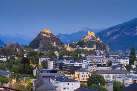 Sion, Switzerland in the Canton of Valais at blue hour.の写真素材