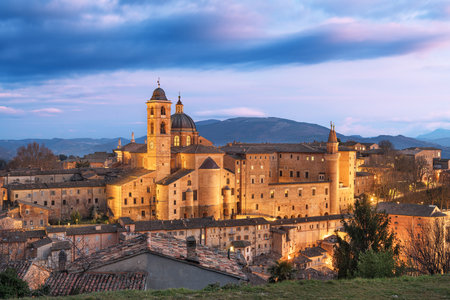 Urbino, Italy medieval walled city in the Marche region at dusk.の写真素材