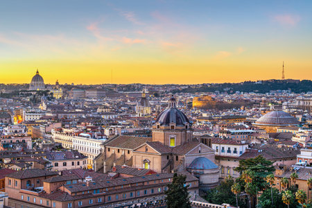 Rome, Italy rooftop cityscape with the Pantheon, Castel Sant'Angelo, the Vatican, and other historic landmarks at dusk.の写真素材