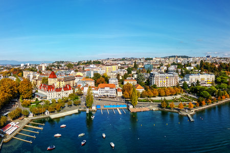 Lausanne, Switzerland over Lake Geneva.の写真素材