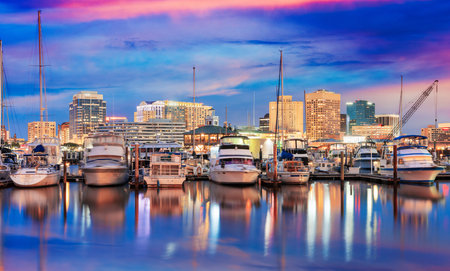 Norfolk, Virginia, USA cityscape on the Chesapeake Bay at twilight.の写真素材