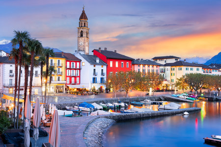 Ascona, Switzerland townscape on the shores of Lake Maggiore at blue hour.の写真素材