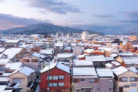 Wajima, Ishikawa, Japan town skyline in winter at twilight.の写真素材