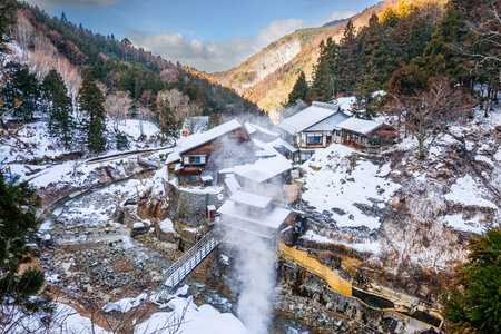 Nagano, Japan valley at Yudanaka and snow monkey park.