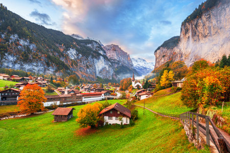 Lauterbrunnen, Switzerland beautiful morning during autumn season.の写真素材