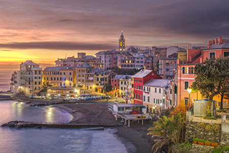 Bogliasco, Genoa, Italy town on the Mediterranean Sea at sunset.の写真素材