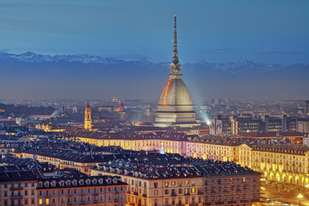 Turin, Piedmont, Italy skyline with the Mole Antonelliana at night.の写真素材