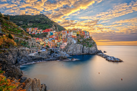 Manarola, La Spezia, Italy coastal view in Cinque Terre at twilight.の写真素材