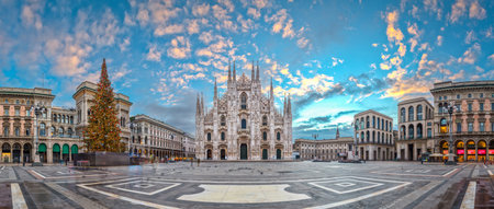 Milan, Italy at the Milan Duomo and Galleria during Christmas time at dawn.の写真素材